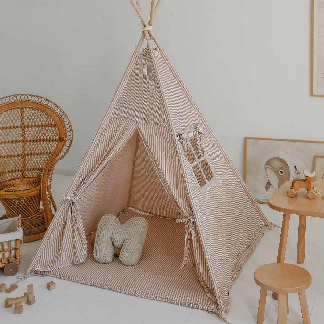 Tipi Tent met Speelmat - Beige Strepen image 0