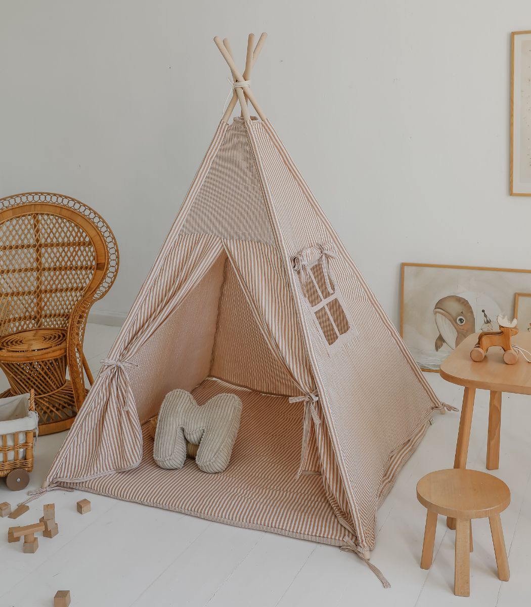 Tipi Tent met Speelmat - Beige Strepen image 0